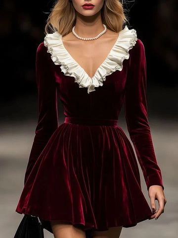 Burgundy A Line Long Sleeve White Ruffle Velvet Short Homecoming Dress Cocktail Dress HZ1023